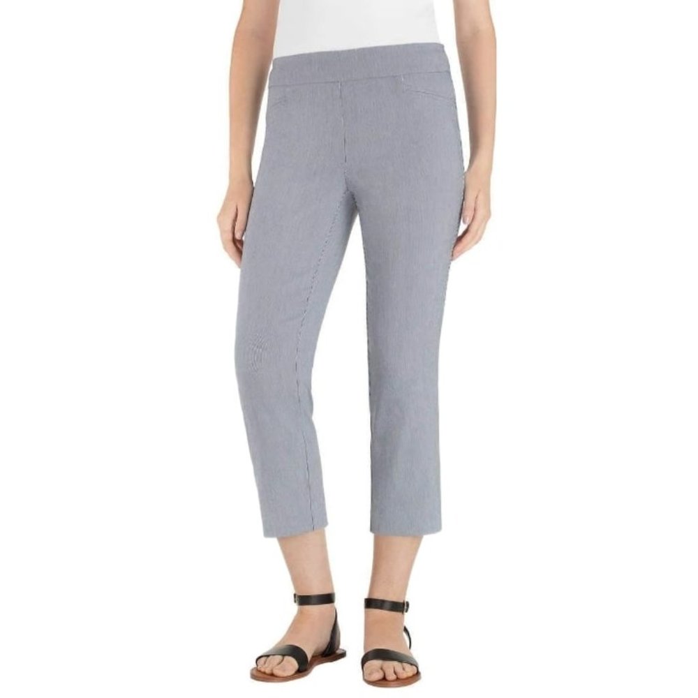 Hilary Radley Capri Pants Pull On Pin Stripes Blue and White Womens Size Large